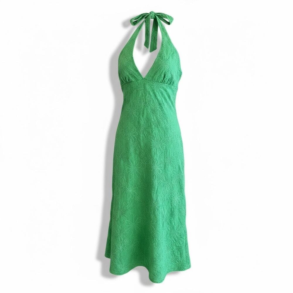 Y2K Vintage Glam Green Embroidered Floral Halter Dress Made‎ in USA Size M
